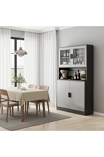 sharpdo Modern 180cm Tall Kitchen Buffet Cabinet with Glass Doors, Open Micro...