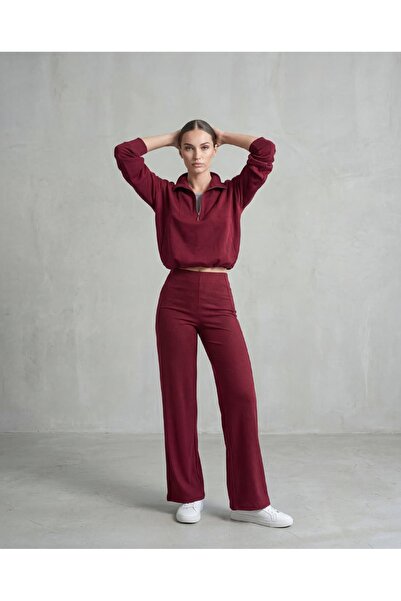 Miss Prova Burgundy Ribbed Scuba Fabric Wide Leg Knitted Sports Sweatpants Mi...