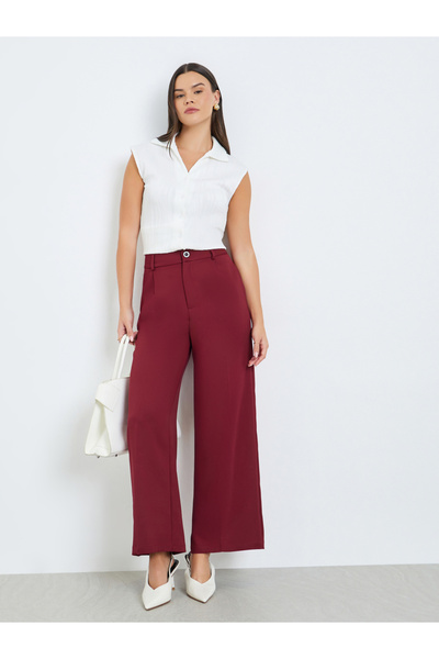 Take Two By Styli Burgundy Solid Wide Leg Trousers