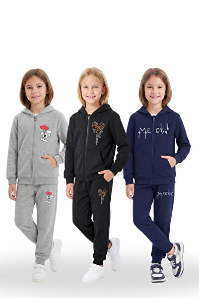 FYK COLLECTİON 3-Piece Zippered Sweatshirt and Sweatpants Girls' Tracksuit Se...