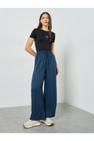 Styli Navy Blue Wide Leg Linen Look Pants