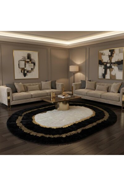 deco marié Siyah Zeminli Beyaz Merkezli Altın Motif Bordürlü Oval Peluş Halı