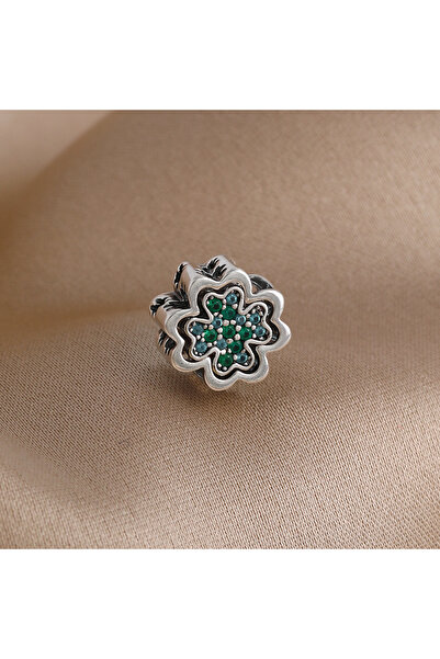 Choice23 B4721 خاتم من الفضة عيار 925 مزين بخرز أخضر لامع على شكل ورقة برسيم ...
