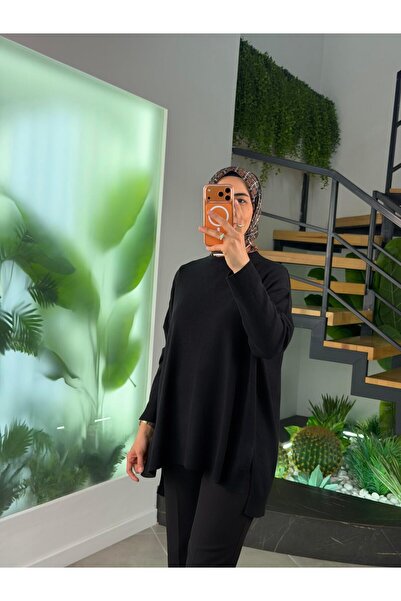 İkoll Siyah Renk Yan Yırtmaç Detaylı Triko Tunik