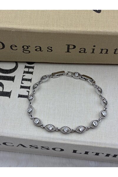 Hedef Bijuteri Silver Color Evil Eye Shaped Zircon Stone Bracelet Cm62
