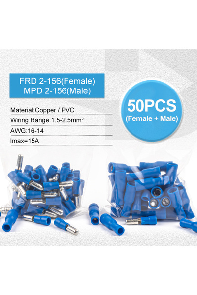 Choice1 50 قطعة زرقاء، 25 مجموعة، أطراف توصيل عازلة على شكل رصاصة من مادة PVC...