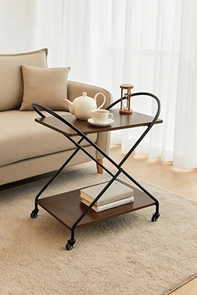 N.zone Light brown metal serving trolley - two-tier bar cart with wheels 72×4...