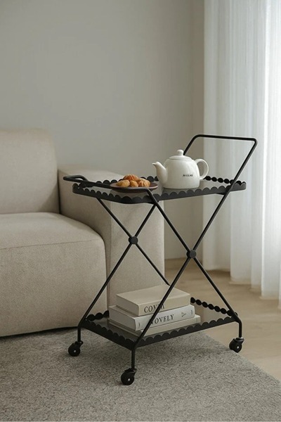 N.zone Stylish black metal serving trolley with wheels - 2-tier bar cart 58×3...