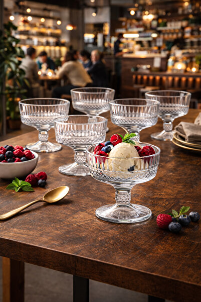 COCEM 6’lı Kristal Ayaklı Dondurmalık – Kesme Cam Tatlı & Magnolia Sunum Kasesi