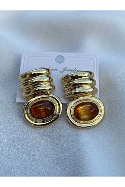 uyguntakıaksesuar Vintage Style Amber Stone Detailed Gold Earrings – Strong a...