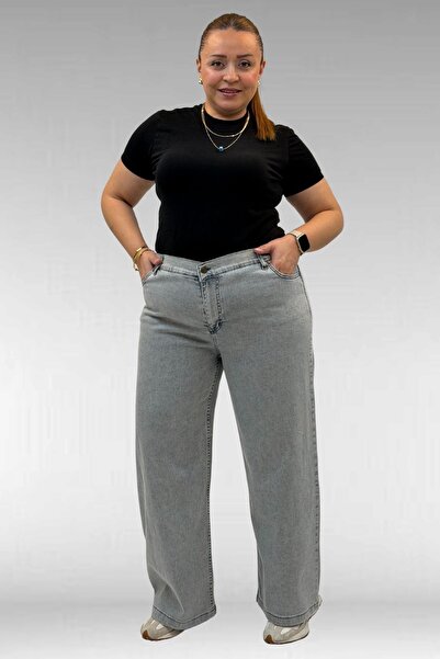 Eslina 59037 Plus Size Wide Leg Jeans with Stones on the Front - Gray