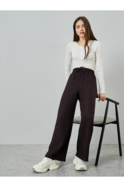 Styli Coffee Brown Wide Leg Linen Look Pants