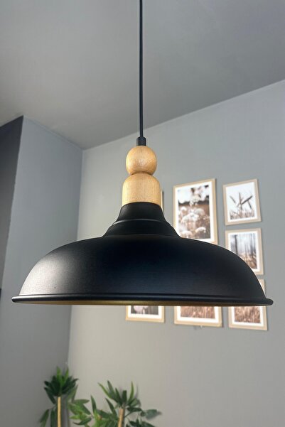 Bamyum Nota Siyah Boncuklu Kalın Ahşap Başlık Tekli Metal Avize Salon Mutfak ...