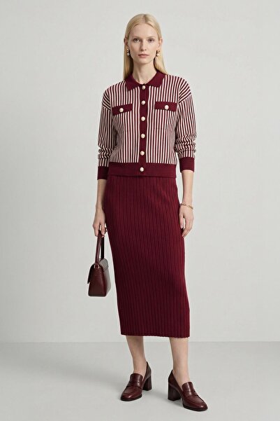 Rays 6425 Striped Buttoned Skirt Suit Burgundy