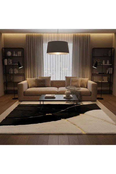 deco marié Siyah ve Krem Zeminli Altın Çizgi Detaylı Peluş Halı – Yumuşak Dok...
