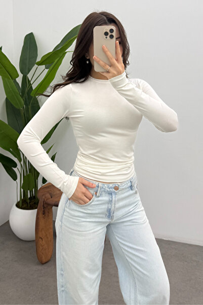 Ladima Women's White Crew Neck Long Sleeve Blouse