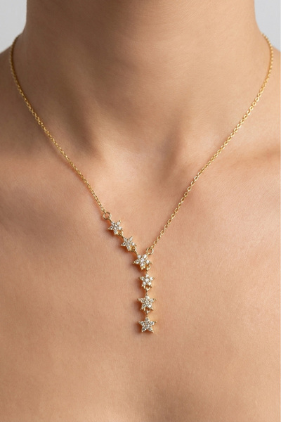 Modacaprea Çelik 14K Yıldızlı Taşlı Y Kolye 40+5 cm | Altın Renkli Kararmaz T...