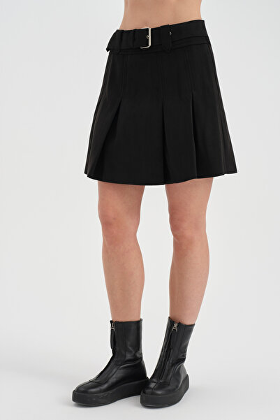 tw3 Kadın Süet Kumaş Çıkarılabilir Kemer Detaylı Tasarım Pileli Mini Etek