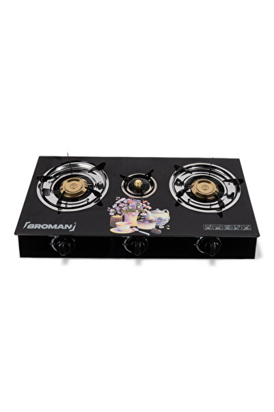 broman Aragaz pe gaz din sticlă cu 3 arzătoare, aprindere piezo, exterior,