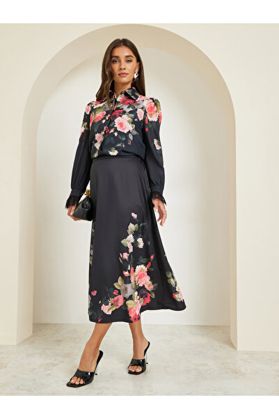 Styli Women Black Floral Print A-Line Midi Skirt