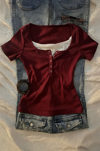 Karakedi Burgundy Henley Collar Attached Y2K Short Sleeve Crop