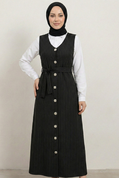 FERHEL Women's Buttoned V-Neck Belted Gilet - Black