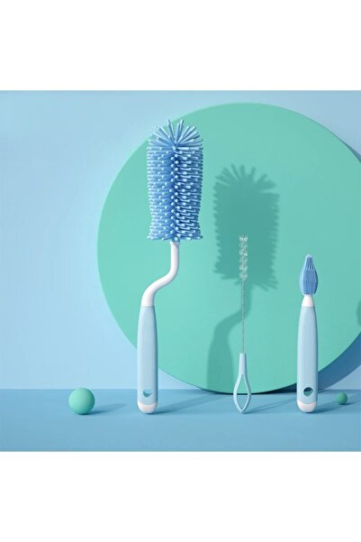 Choice3 Blue 3-piece Silicone Bottle Brush 360° Rotating Baby Nipple Brush Bo...