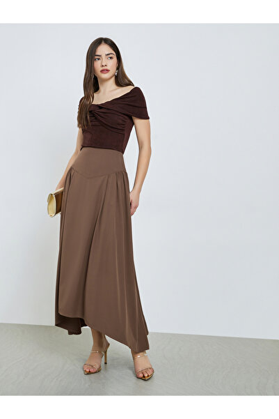 Styli Coffee Brown Asymmetric Hem Maxi Skirt
