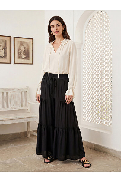 Globus By Styli Black Drawstring Waist Tiered Flared Hem Palazzos