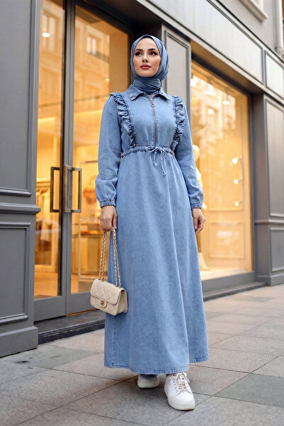 MODAQU Zippered Ruffle Detailed Long Denim Dress Ice Blue