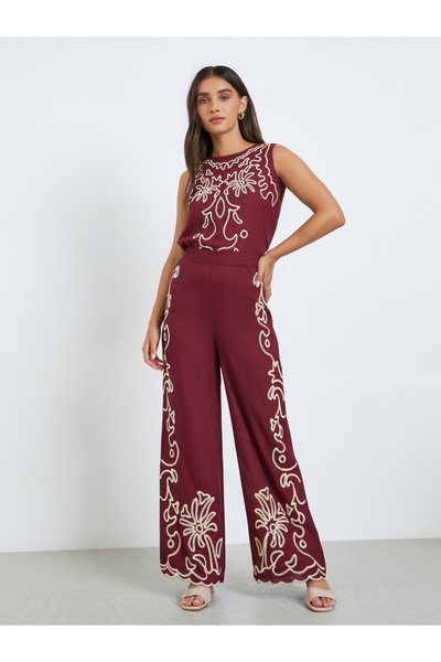Styli Women Burgundy Embroidered Wide Leg Trousers