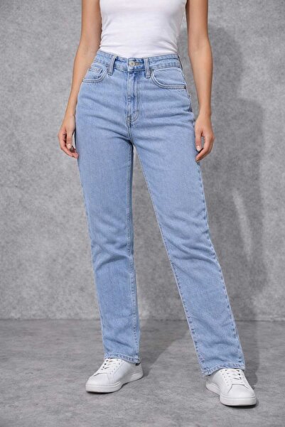 Kutaf Women's High Waist Light Blue Mom Fit Denim Trousers Casual Relaxed Cut