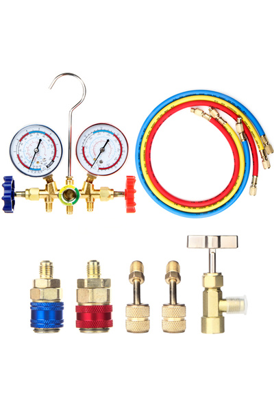 Choice3 مجموعة من 4 مقاييس ضغط جديدة لمكيف الهواء مع خرطوم وخطاف، مجموعة مقاي...