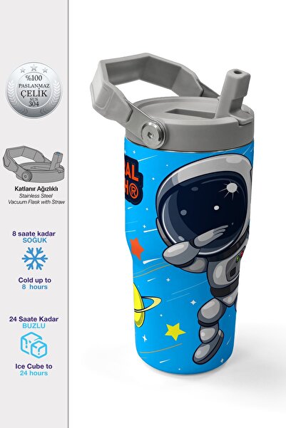 Coral High Lacivert Mavi Astronot Desenli Katlanır Ağızlıklı Çelik Termos 600...
