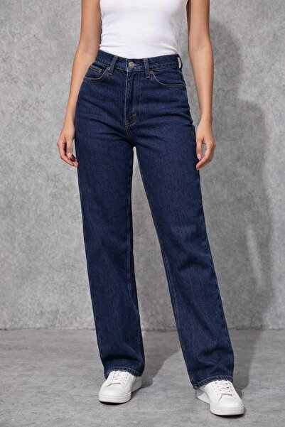 Kutaf Women's Dark Blue High Waist Straight Fit Wide Leg Jeans