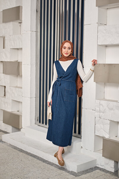 LOCCO Women's Side Tie V Detailed Denim Gilet Navy Blue