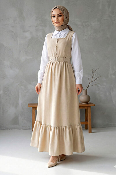 FERHEL Women's Double Set with Top and Buttoned Shirt - Hijab Dress - Beige