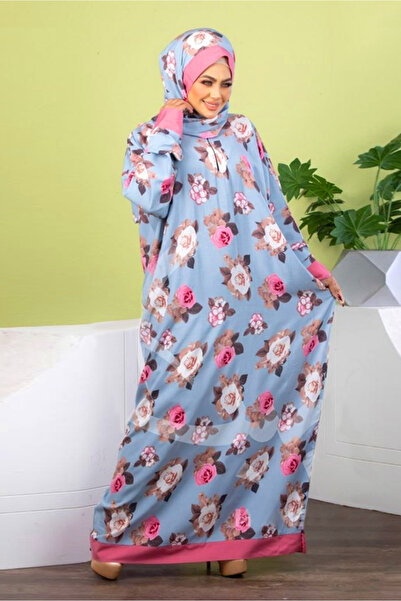 AsrymShop Lightweight, wide Cotton viscose prayer robe with sky blue roses