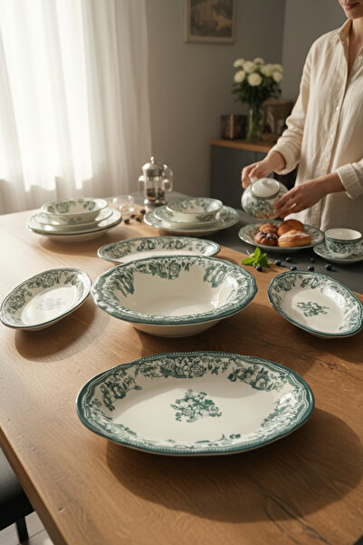 Akayev Porselen Vintage Green 5 Parça Salata Kayık Servis Takımı