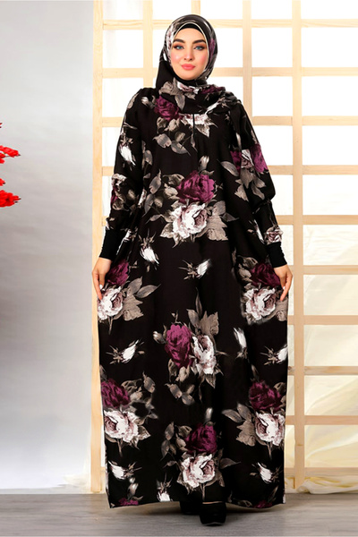 AsrymShop اسدال صلاة قطن فسكوز خفيف واسع ورود اسود