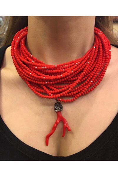 Gafy Design Mercan Uç Detaylı Kırmızı Kristal Kolye