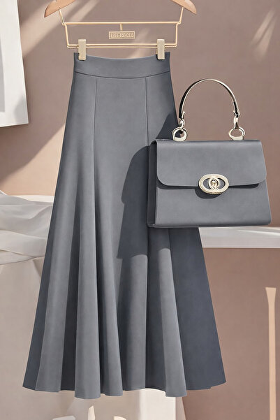 Deafox Dark Gray High Waist A-Line Zipper Pleated Crepe Fabric Long Skirt