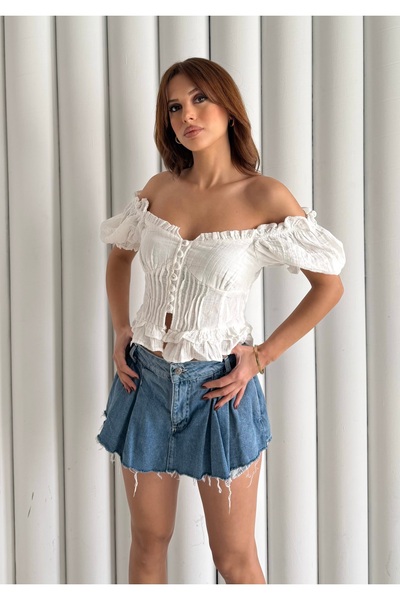 BEJNA Women's Button Detailed Flounce Muslin Blouse