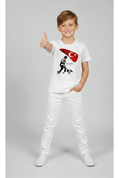 NACAR STORE Boy's Ataturk Printed T-Shirt and White Linen Trousers Set for Ap...
