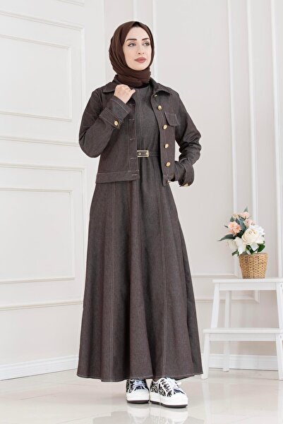 Sevitli Denim Gilet with Arm Patches Double Set - Brown