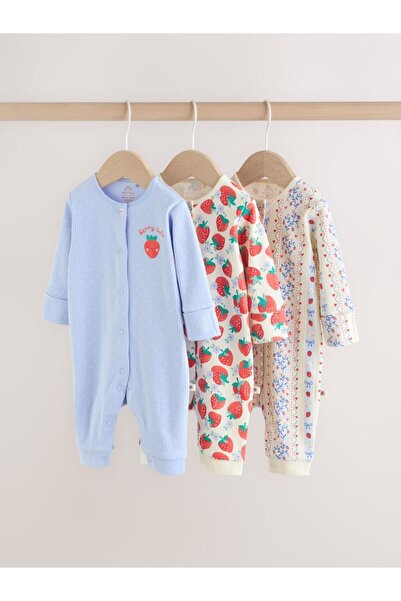 Next Baby Cotton Blue Cream Strawberry Patterned 3-Piece Jumpsuit Set
