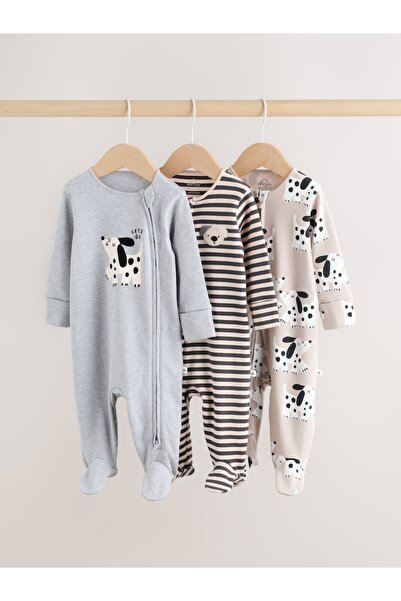 Next Baby Pamuklu Gri Köpek Desenli Çift Yönlü Fermuarlı 3'lü Tulum Set