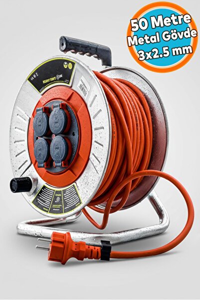 NZB Seyyar Makaralı Kablo Kapaklı 4 Prizli Metal Uzatma Kablosu 3x2.5 mm CCA ...