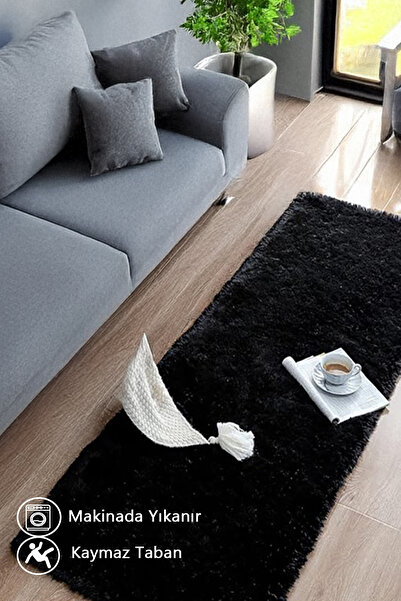 Kupon Halı Siyah Dik Post Halı Peluş Yumuşak Kaymaz Dot Taban Yıkanabilir