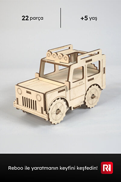 Reboo Ahşap Jeep 3D Puzzle Boyama Seti 22 Parça Boya Seti Hediyeli Eğitici Ak...